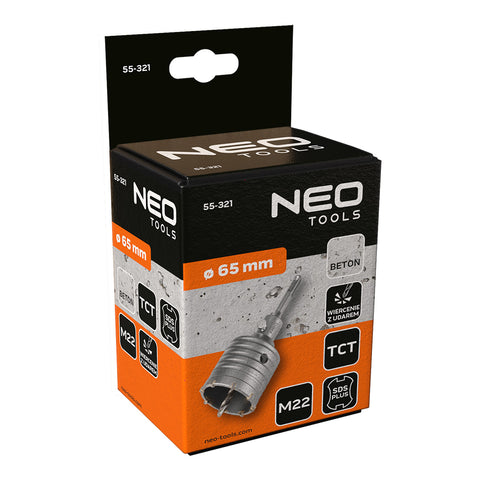 Koronafúró, körkivágó, 65mm, SDS PLUS szárral és központfúróval, NEO TOOLS