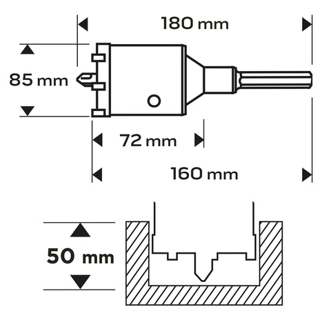 Koronafúró, körkivágó, 85mm, HEX hatszög szárral, központfúróval