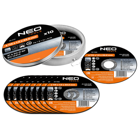 Vágókorong fémhez 115x1x22.2mm, 10db, 41A60-T-BF, INOX, NEO TOOLS
