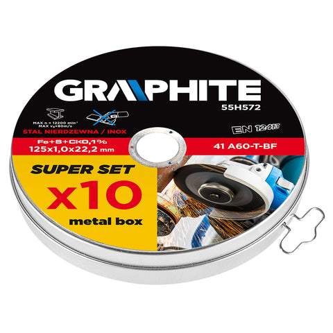 GRAPHITE 55H572 Vágókorong fémhez 125x1.0x22.2mm, 10db, 41 A60-T-BF, INOX