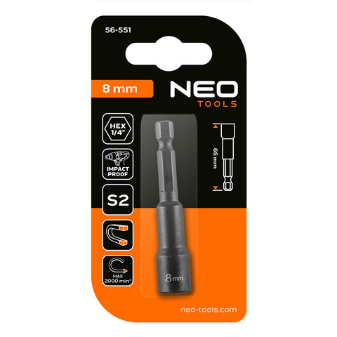 Csavarbehajtó ütvecsavarozókhoz, hatlapú, mágneses, 8mm, NEO TOOLS