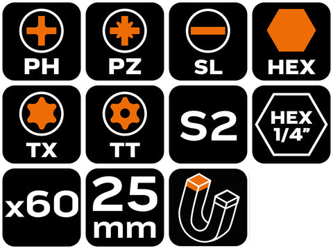 Csavarhúzó bitkészlet, 60db, bitek 25mm-58db, mágneses bittartók 2db