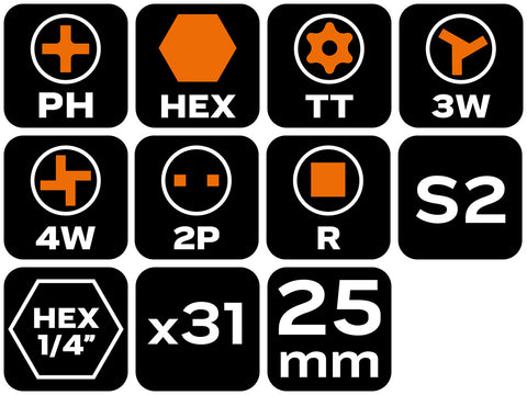 Csavarhúzó bitkészlet, 31db, bitek 25mm-15db, bitek 50mm-15db, bittartó