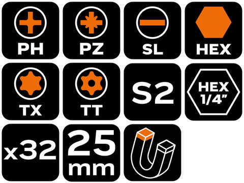 Csavarhúzó bitkészlet, 32db, bitek 25mm-30db, adapter 1/4", mágneses bittartó