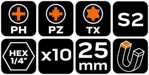 Csavarhúzó bitkészlet, 10 részes, bitek 25mm-8db, mágneses bittartó, univerzális doboz