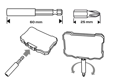 Csavarhúzó bitkészlet, 10 részes, bitek 25mm-8db, mágneses bittartó, univerzális doboz