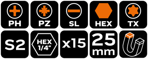 Csavarhúzó bitkészlet, 15db, bitek 14mm-8db, mágneses bittartó