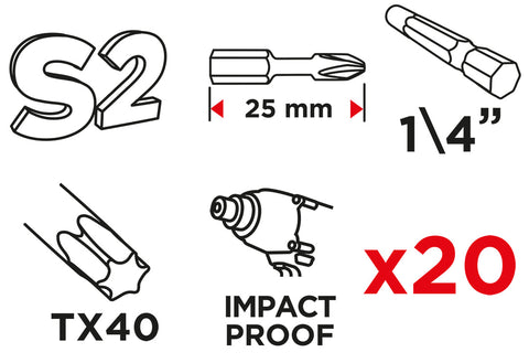 Torziós ütvecsavarozó bit Torx 40x25mm, 20db