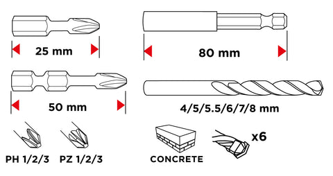 Fúró-csavarbehajtó készlet, 20db