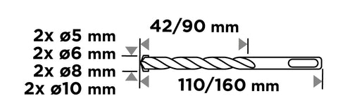 Betonfúró készlet, SDS PLUS, 2 élű, dupla spirálos, 5-10mm 8db-os