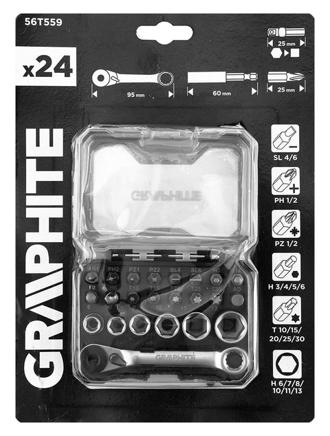 Dugókulcs készlet bitekkel, racsnis és mágneses szárral műanyag tokban, 24db