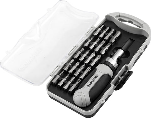 Bitfejes csavarhúzó készlet 115mm-es racsnis szárral, műanyag tokban, 21db