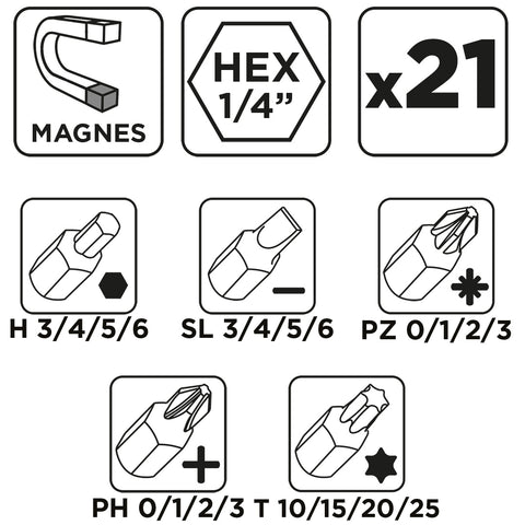 Bitfejes csavarhúzó készlet 115mm-es racsnis szárral, műanyag tokban, 21db