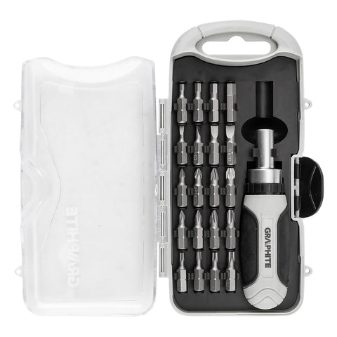 Bitfejes csavarhúzó készlet 115mm-es racsnis szárral, műanyag tokban, 21db