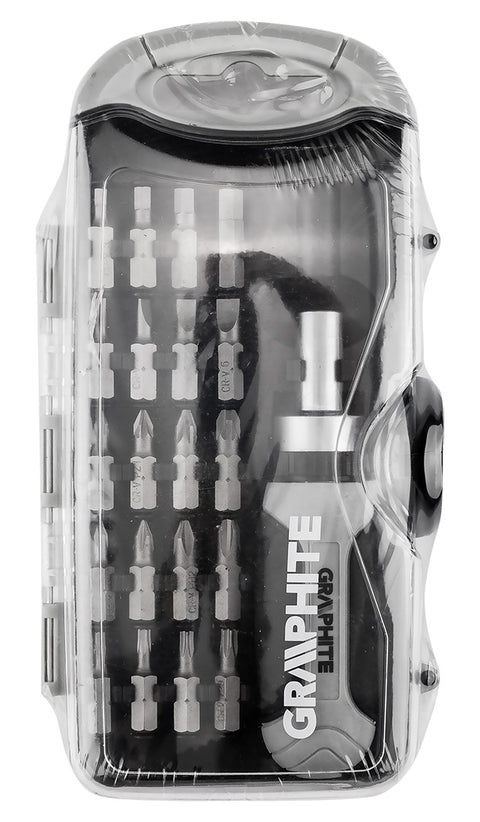 Bitfejes csavarhúzó készlet 115mm-es racsnis szárral, műanyag tokban, 21db