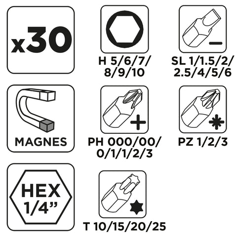 Bitfejes csavarhúzó készlet 115mm-es racsnis szárral, műanyag tokban, 30db