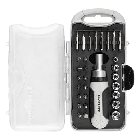 Bitfejes csavarhúzó készlet 115mm-es racsnis szárral, műanyag tokban, 30db