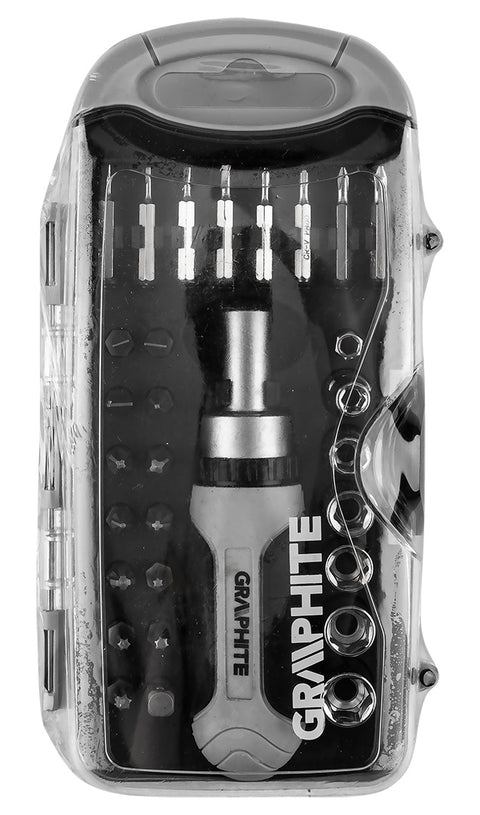 Bitfejes csavarhúzó készlet 115mm-es racsnis szárral, műanyag tokban, 30db