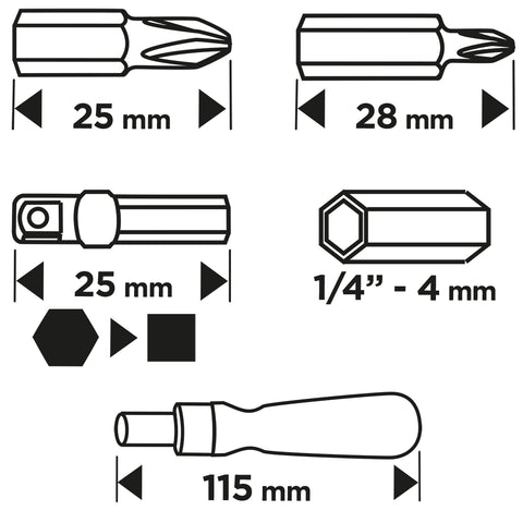 Bitfejes csavarhúzó készlet 115mm-es racsnis szárral, műanyag tokban, 30db