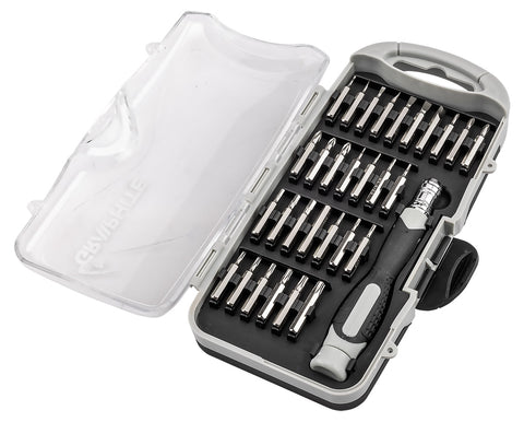 Bitfejes csavarhúzó készlet 100mm-es racsnis szárral, műanyag tokban, 31db