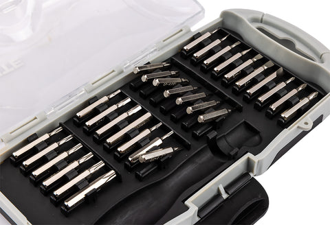 Bitfejes csavarhúzó készlet 100mm-es racsnis szárral, műanyag tokban, 31db