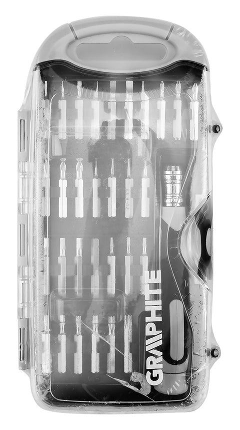 Bitfejes csavarhúzó készlet 100mm-es racsnis szárral, műanyag tokban, 31db