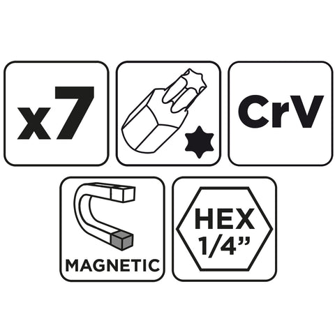 Csavarhúzó bitkészlet mágneses szárral, Torx 10-40, 7db-os