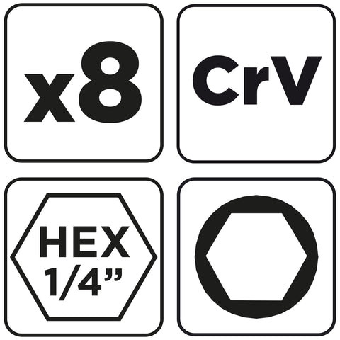 Csavarbehajtó készlet, hatlapfejű csavarokhoz, 1/4"-os szárral, 5-13mm, 8db-os