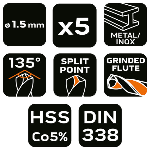 Csigafúró HSS-Cobalt 5% 1.5mm, 5db