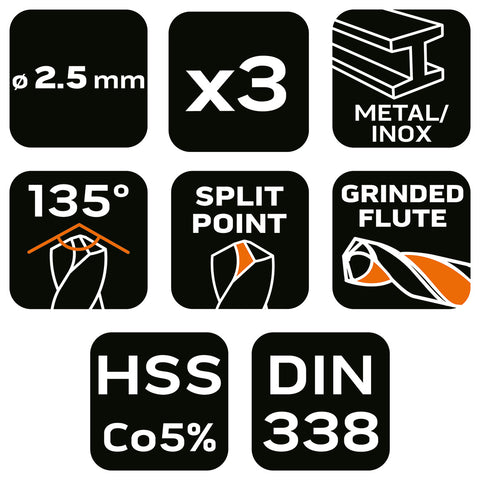 Csigafúró HSS-Cobalt 5% 2.5mm, 3db, NEO TOOLS