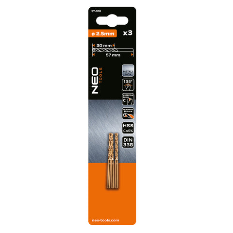 Csigafúró HSS-Cobalt 5% 2.5mm, 3db, NEO TOOLS