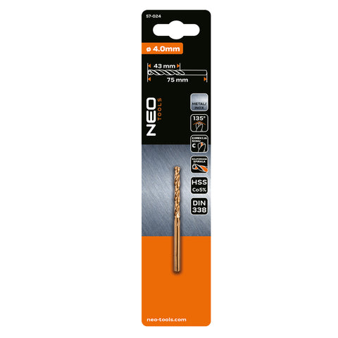 Csigafúró HSS-Cobalt 5% 4mm, min. rendelés: 5db, NEO TOOLS