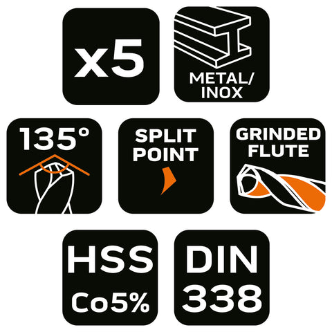 Csigafúró készlet HSS-Cobalt, 4-10mm, 5db