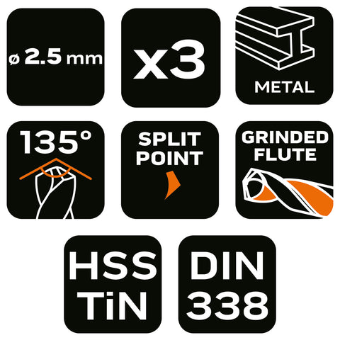 Csigafúró HSS Titán bevonattal 2.5mm, 3db, min. rendelés: 5cs
