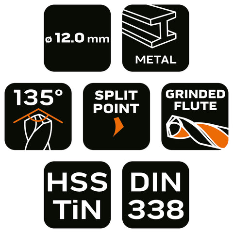 Csigafúró HSS Titán bevonattal 12mm