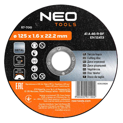 Vágókorong fémhez 125x1.6x22mm, 41A60-T-BF, min. rendelés: 5db