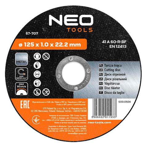 Vágókorong fémhez 125x1x22mm, 41A60-T-BF, min. rendelés: 5db