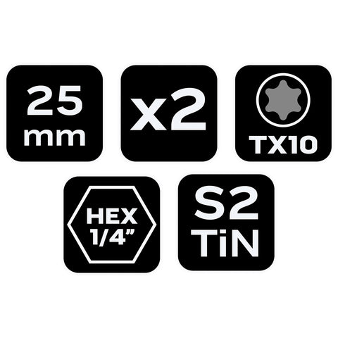 Csavarhúzó bit Torx 10, 25mm, 1/4", 2db, min. rendelés: 3cs, NEO TOOLS