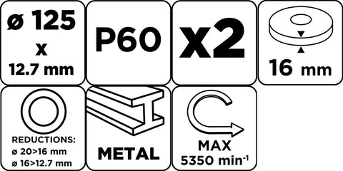 Köszörűkorong asztali köszörűhöz, P60, 125x12.7mm, 20/16/12.7mm redukálógyűrűkkel, 2db