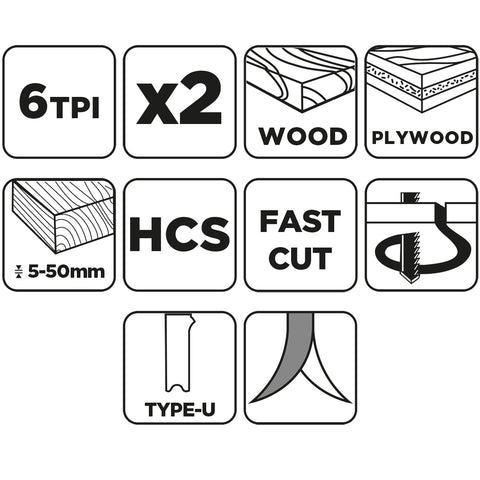 Dekopírfűrészlap, U-befogó, HCS, 6TPI, 75/100mm, fa-rétegelt lemez, 2db