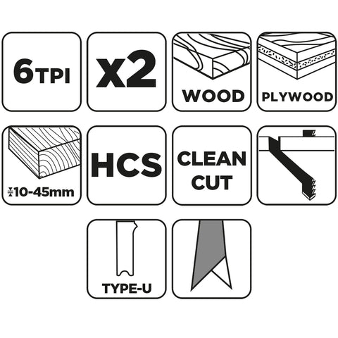 Dekopírfűrészlap, U-befogó, HCS, 6TPI, 74/100mm, fa-rétegelt lemez, 2db