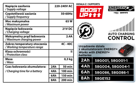 Akkumulátor töltő, ENERGY+ egyakkus rendszerhez, 65W, 2.4A