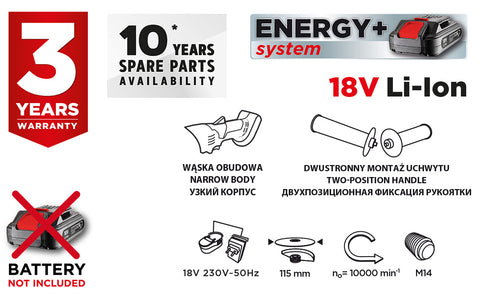 Akkus sarokcsiszoló ENERGY+ 18V, 115mm, akku nélkül