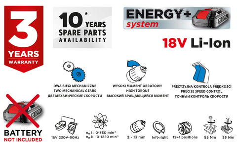 Akkus fúró ENERGY+ 18V, 13mm gyorstokmány, akku nélkül