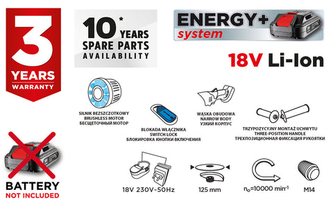 Akkus szénkefementes sarokcsiszoló ENERGY+ 18V, 125mm, akku nélkül