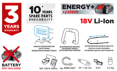 Akkus láncfűrész ENERGY+ 18V, 10"(250mm) láncvezető, akku nélkül