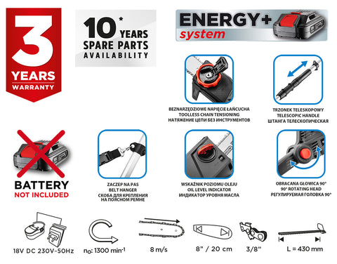 Akkus magassági láncfűrész és sövényvágó 2az1-ben ENERGY+ 18V, akku nélkül