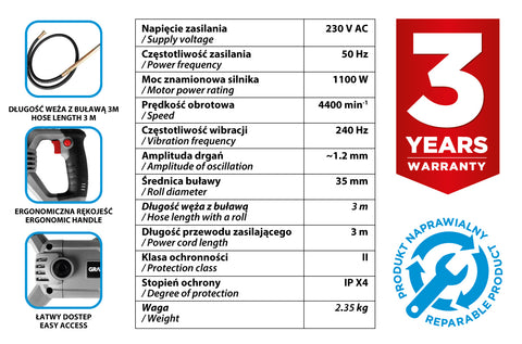 Betonvibrátor, 1100W, 4400/perc, 3m-es kábellel