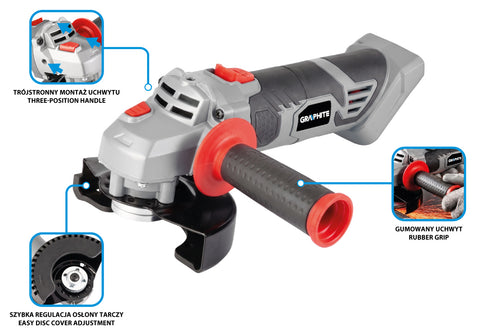 Akkus sarokcsiszoló ENERGY+ 18V, 125mm, 8500/perc, gyors burkolatállítás, akku nélkül