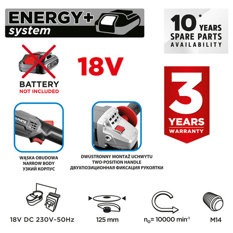 Akkus sarokcsiszoló ENERGY+ 18V, 125mm, akku nélkül